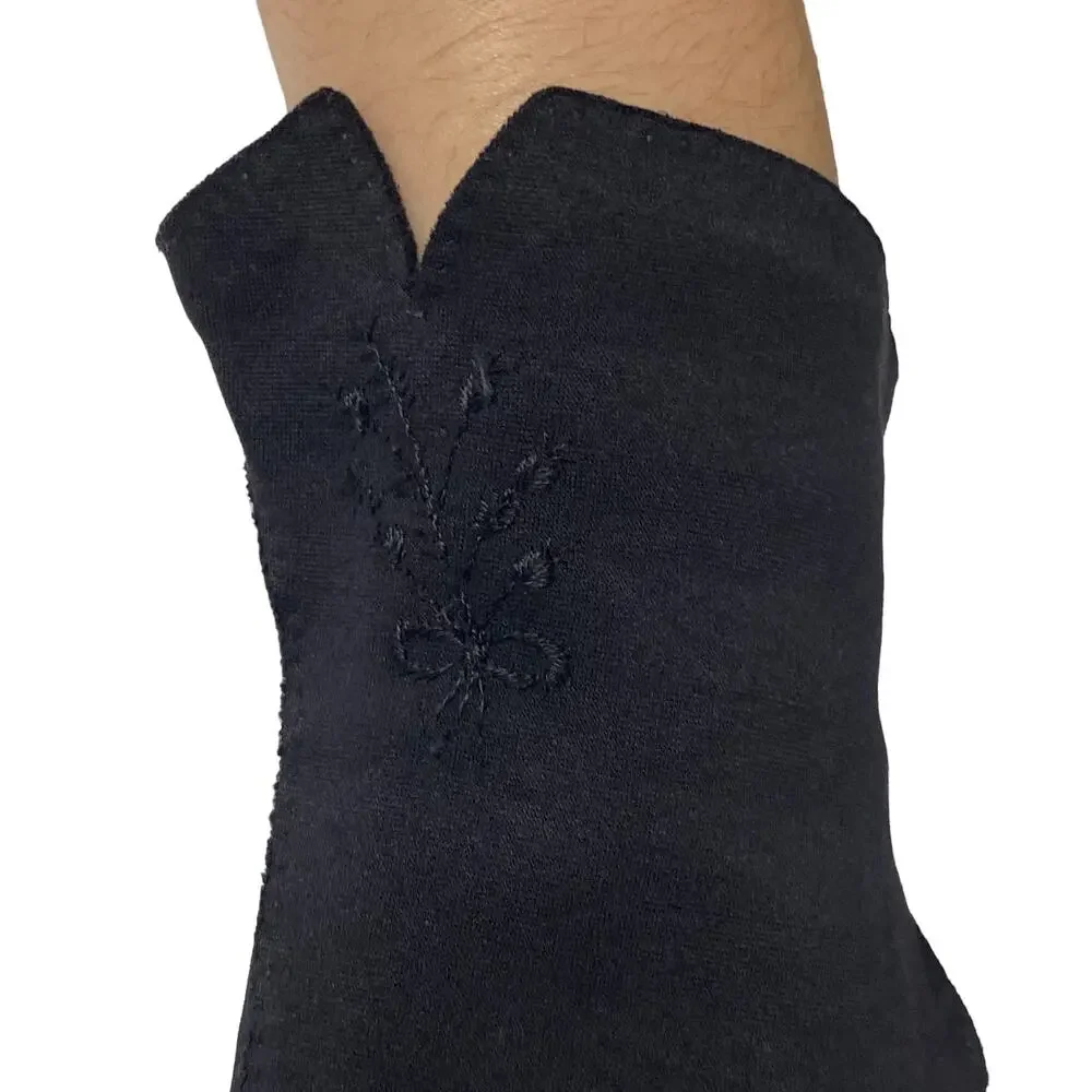 Vintage Womens Black Fabric Floral Embroidered Gloves